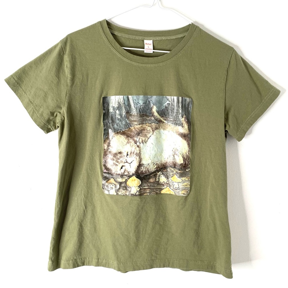 Olive Green Graphic Cat Tee - Women